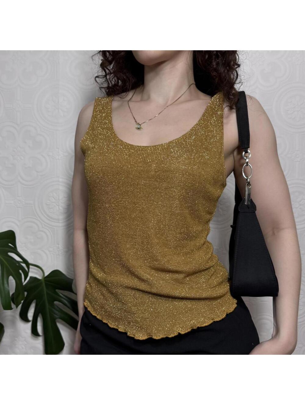 Vintage Selections 90s Gold Metalic Knit Tank Top w/ Lettuce Hem & Scoop Neck